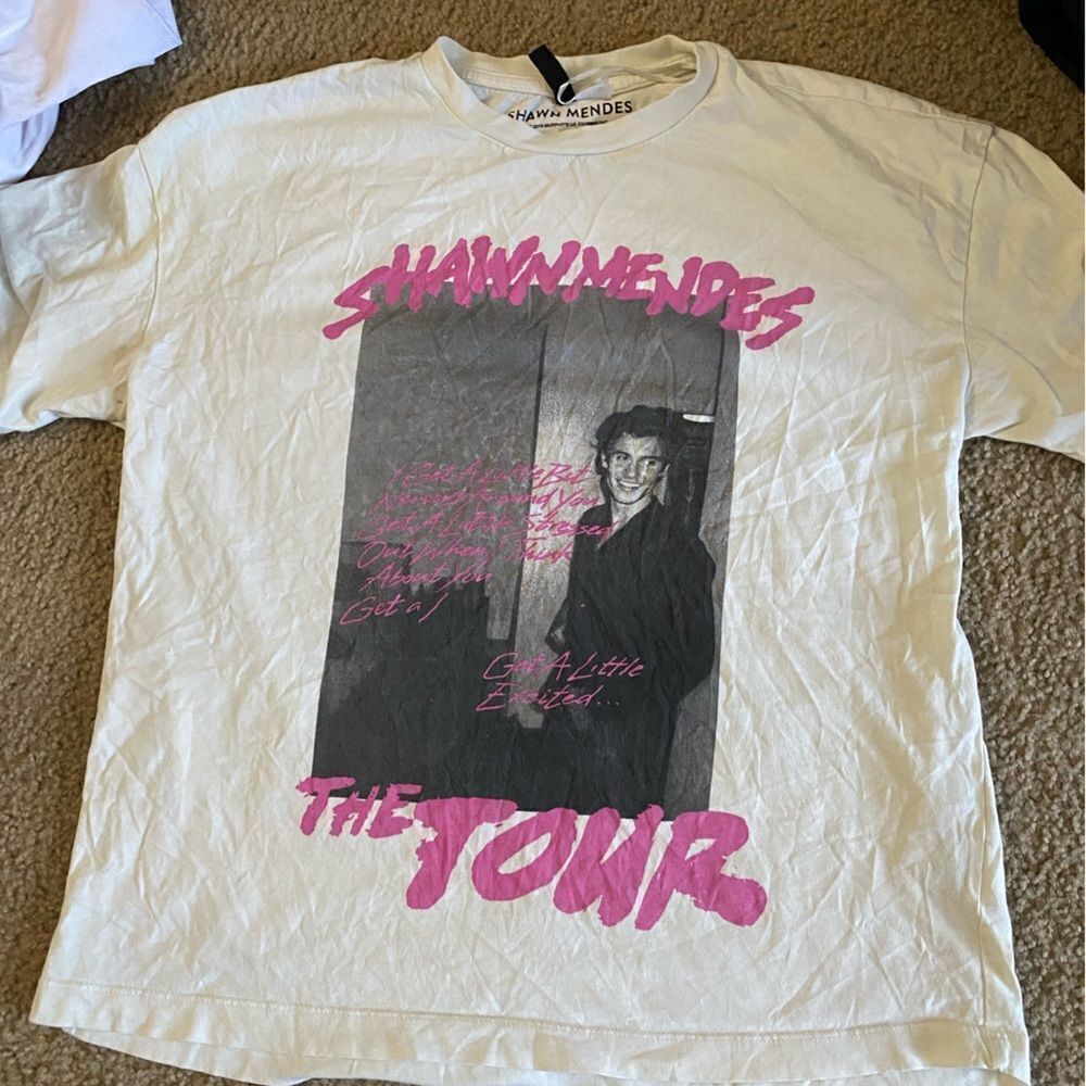 Womens White and Pink Shawn Mendes The Tour Music Band Tour Tshirt